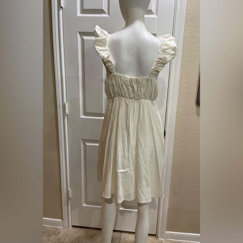 Abercrombie & Fitch Puff Strap Babydoll Linen Mini Dress In Cream Size Large - Picture 3 of 6